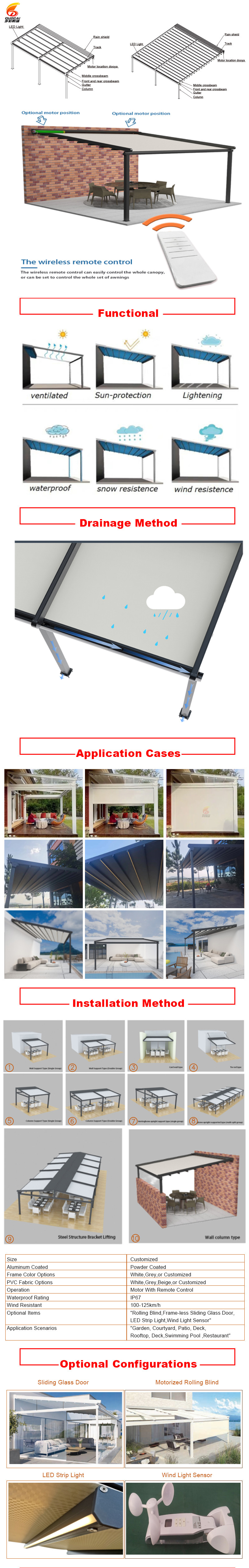 Outdoor Garden Aluminium Electric retractable pergola