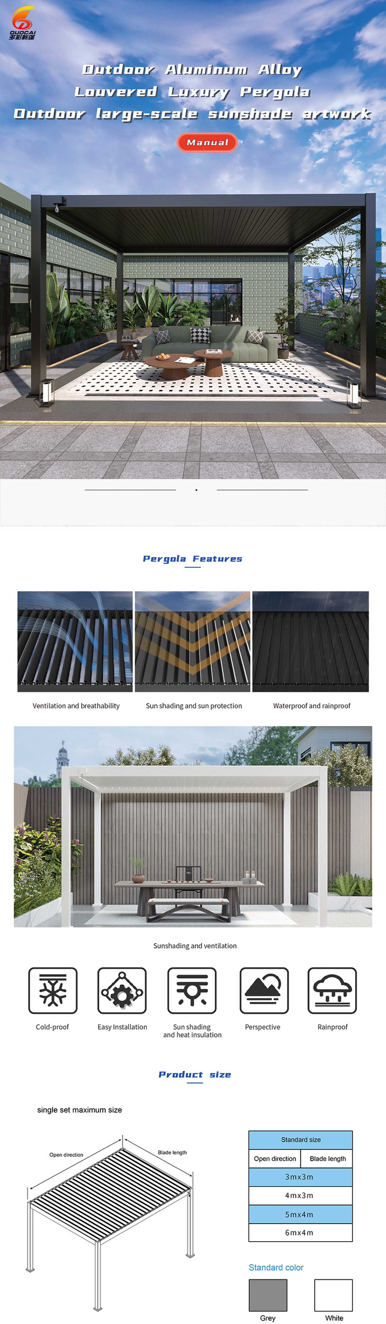 Manual  Louvered Pergolas aluminum Roof Manual  outdoor