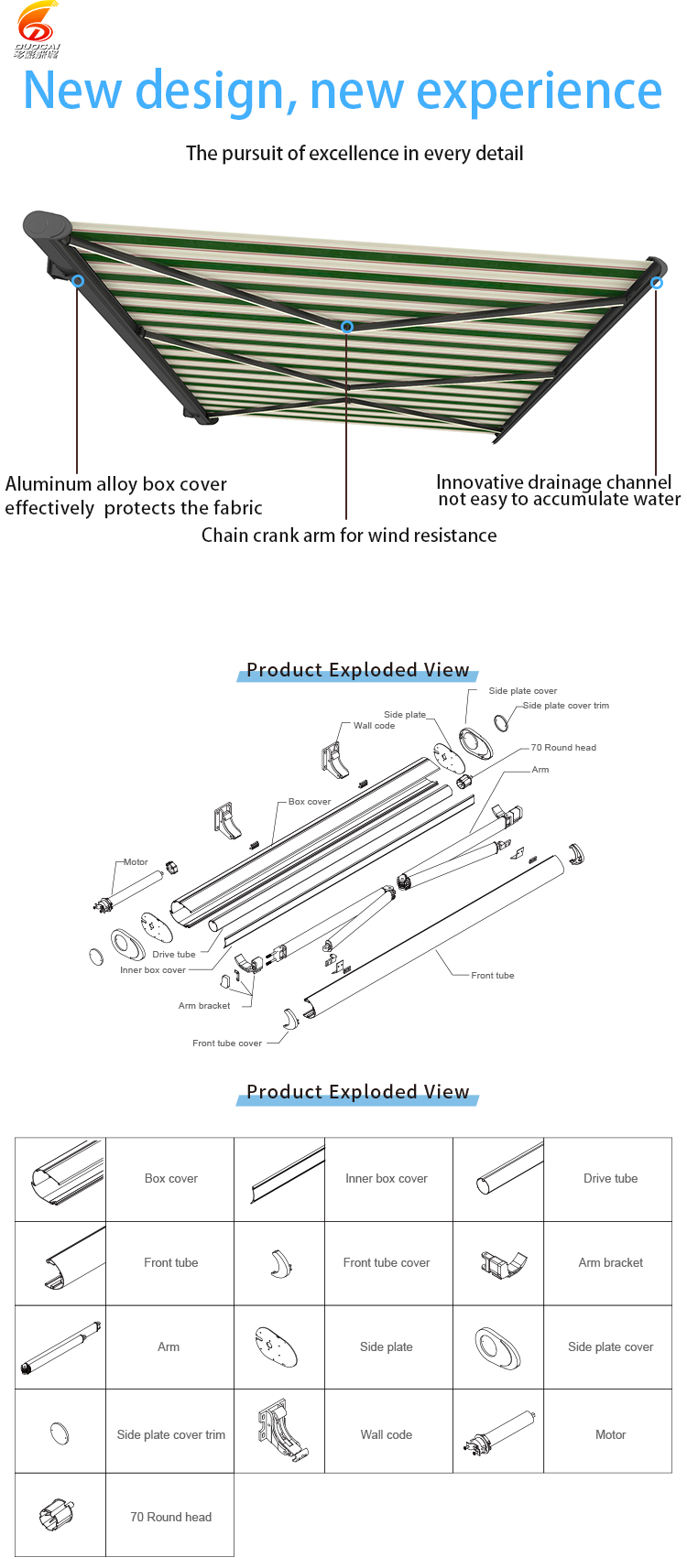 Outdoor full cassette electric telescopic type for roof awning