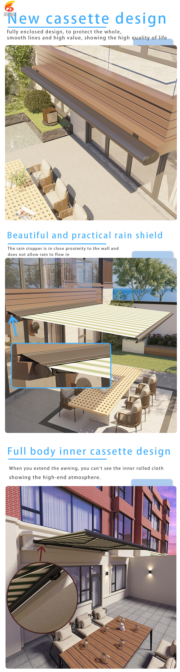 Electric full cassette retractable waterproof awning for living space