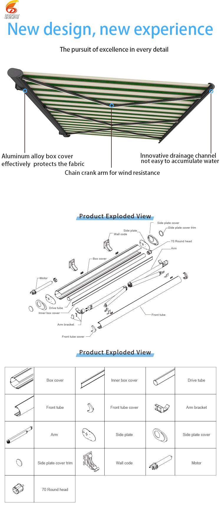 New Design Motorized Full Cassette Retractable Awning for Customize