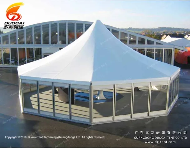Polygon pagoda tent system with glass sidewalls
