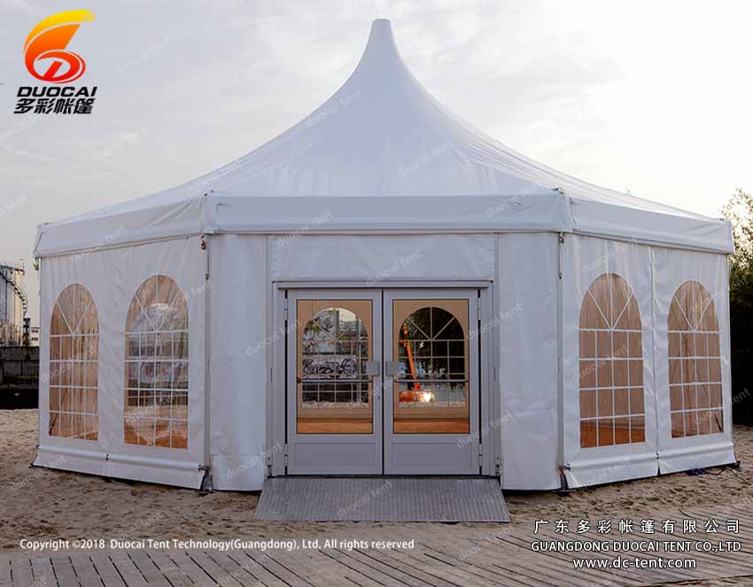 Polygon pagoda tent system with glass sidewalls