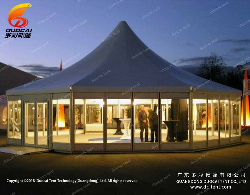 Polygon pagoda tent system with glass sidewalls