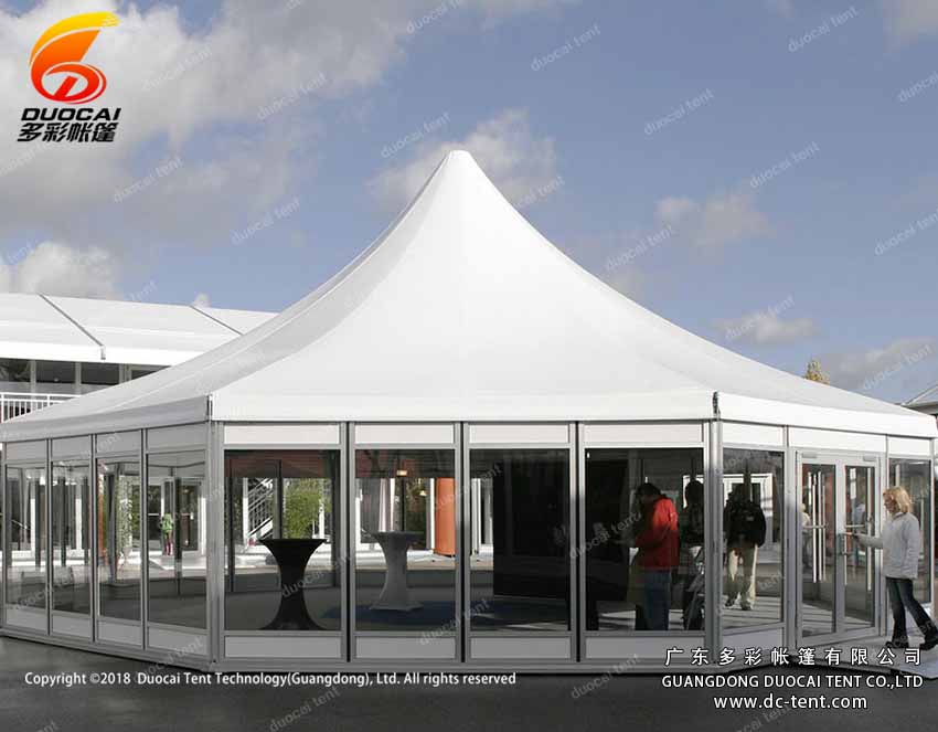 Polygon pagoda tent system with glass sidewalls