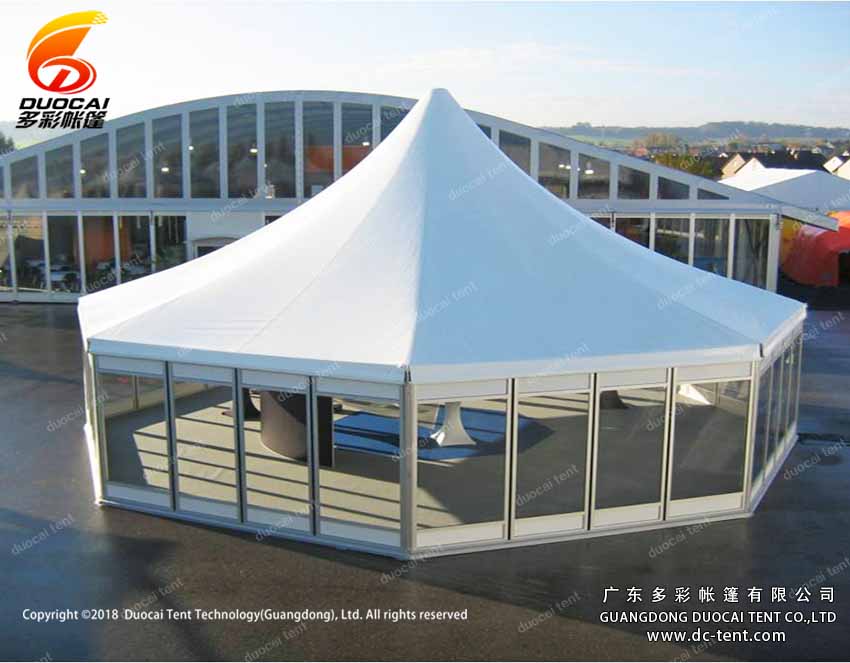 Polygon pagoda tent system with glass sidewalls