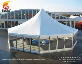 Polygon pagoda tent system with glass sidewalls