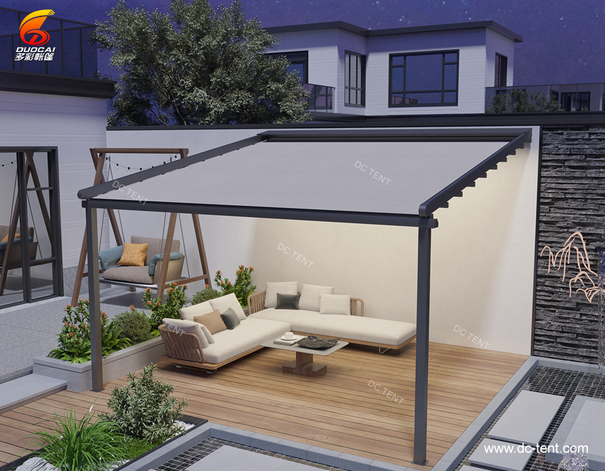 PVC Retractable Roof Pergola Awning System With LED Lights