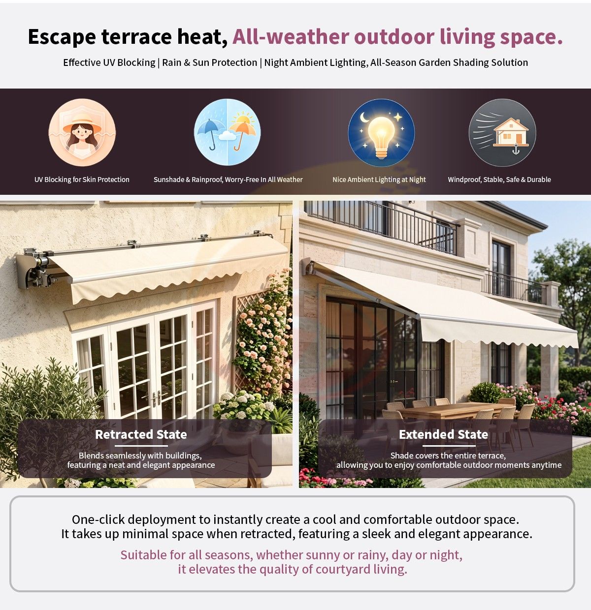 5M Retractable Folding Arm Patio Awning Waterproof UV Shade