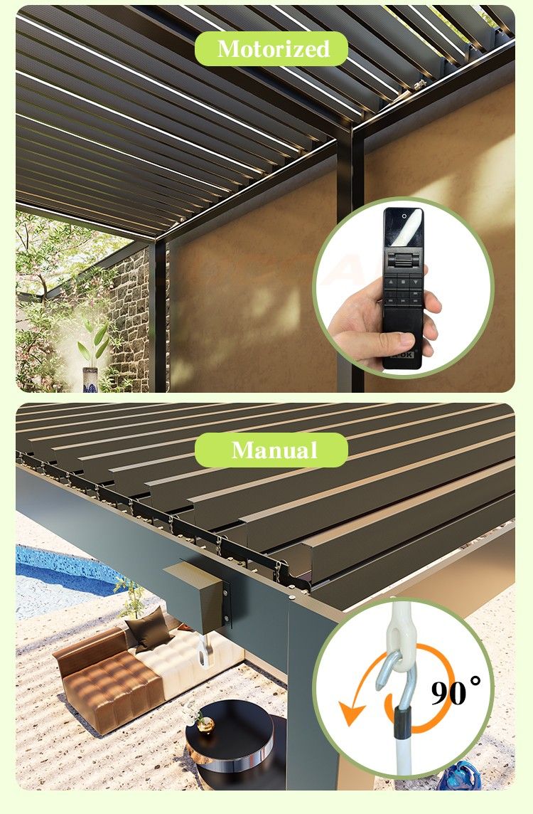 motorized louvered pergola, electric & manual operation modes motorized louvered pergola, electric & manual operation modes
