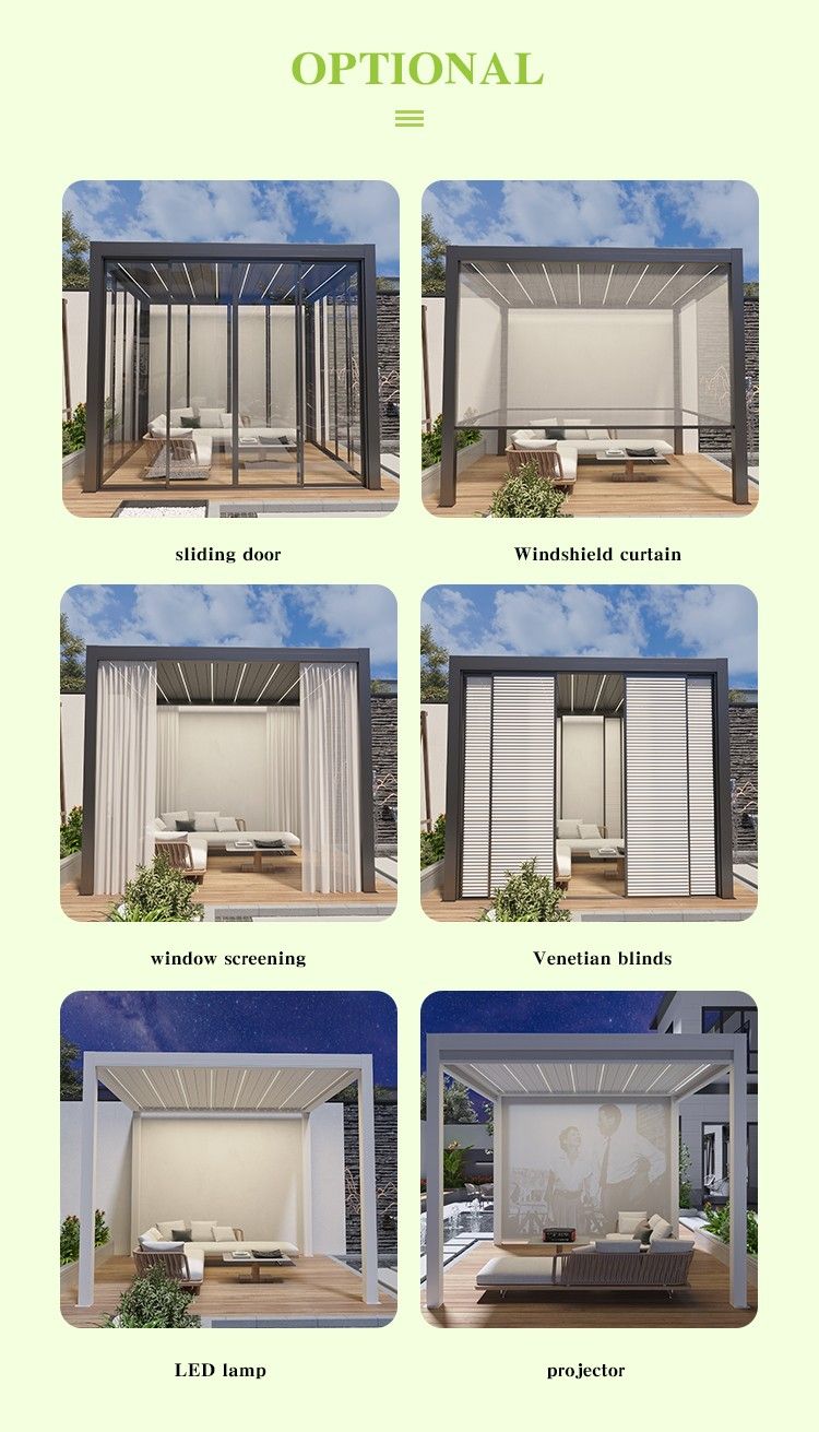 Motorized pergola with glass walls and multi-functional blinds Motorized pergola with glass walls and multi-functional blinds